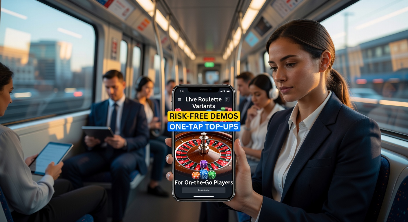 A commuter on a train tapping a mobile screen to spin a live roulette wheel amid city rush hour scenery