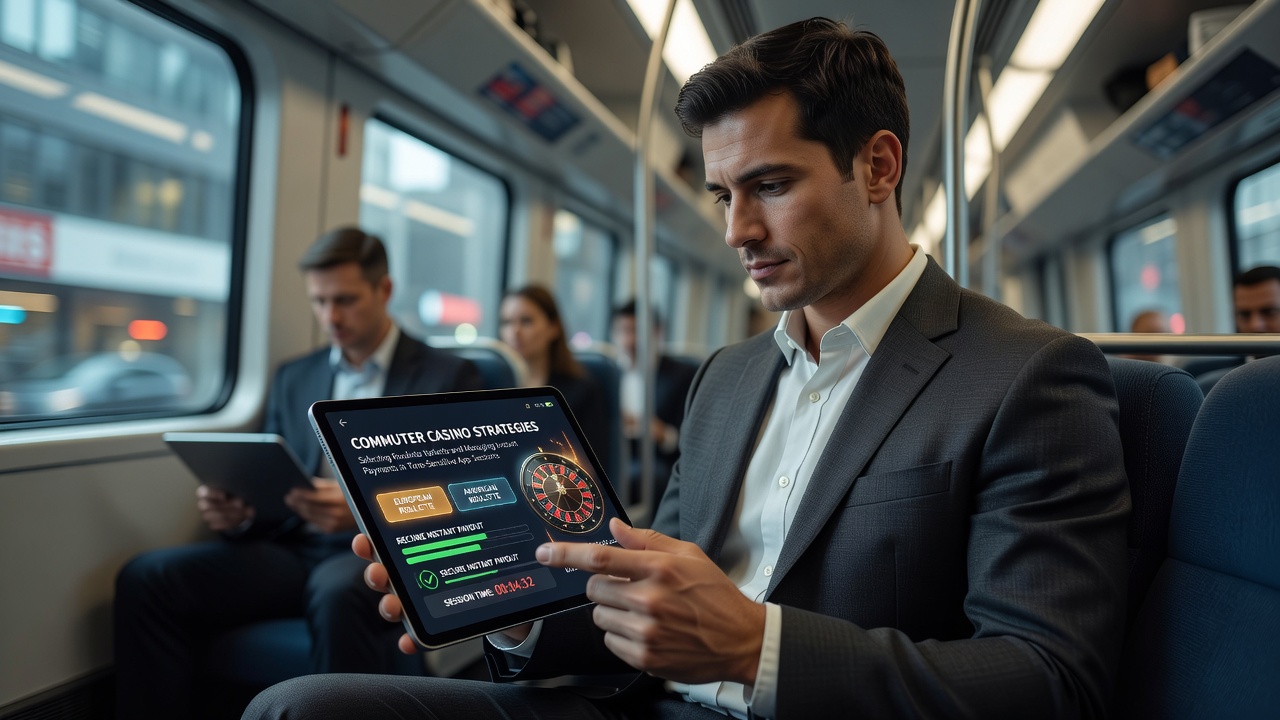 Commuter using mobile roulette app during train journey with focus on variant selection screen