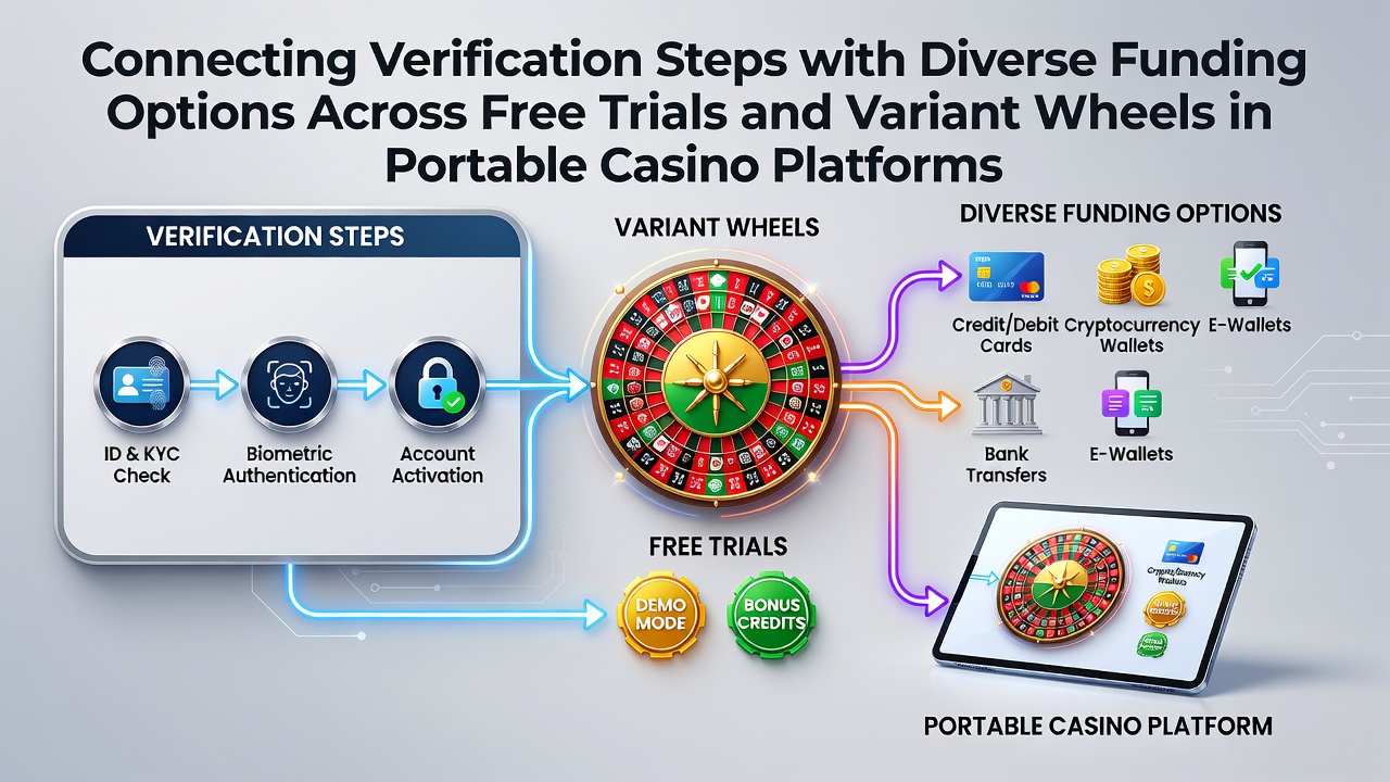 Mobile casino app interface showing verification steps connected to funding options and free trial roulette variants