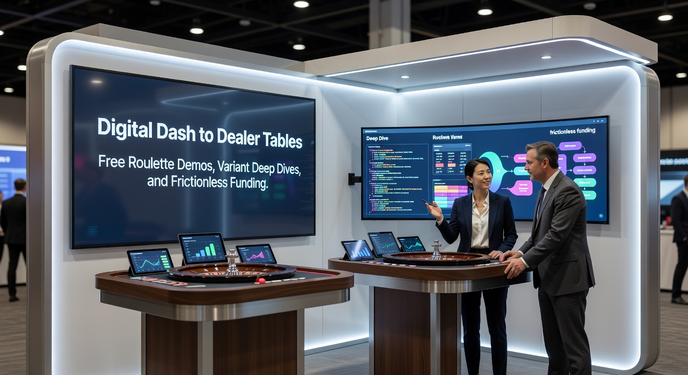 Close-up of a mobile roulette app interface showing variant selection, deposit button, and a spinning wheel with demo chips, evoking seamless on-the-go play
