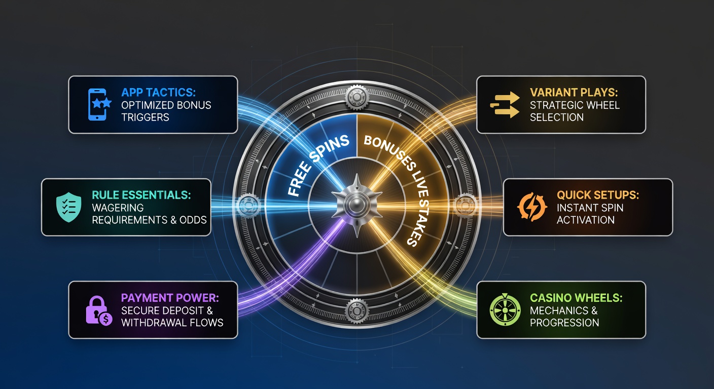 Dynamic graphic showing bonuses flowing from free spin icons to live dealer tables in a casino wheel app interface