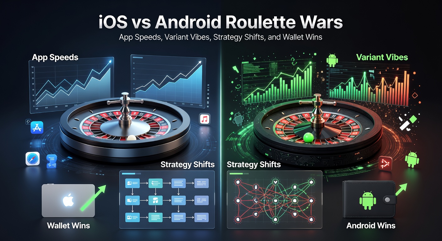 Charts comparing iOS and Android roulette metrics: speed bars, variant pies, strategy icons, and payout graphs