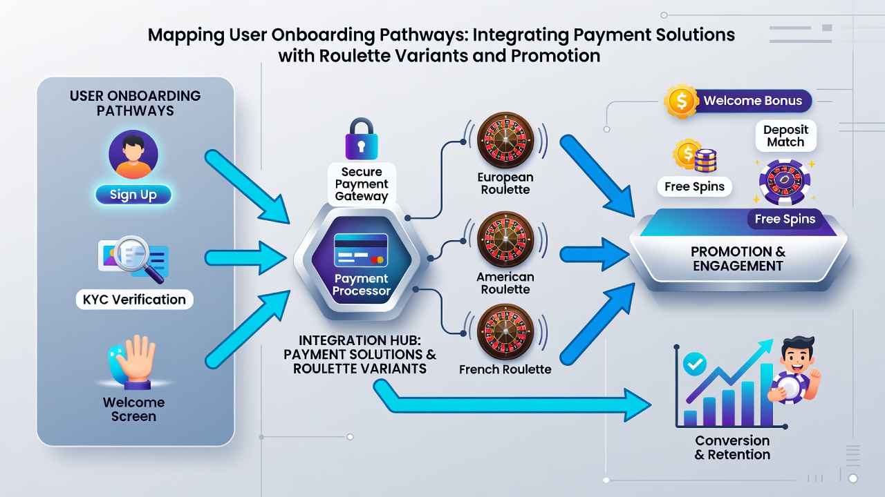 Flowchart diagram illustrating user onboarding pathways from payment selection to roulette variants and promotional activation in casino apps
